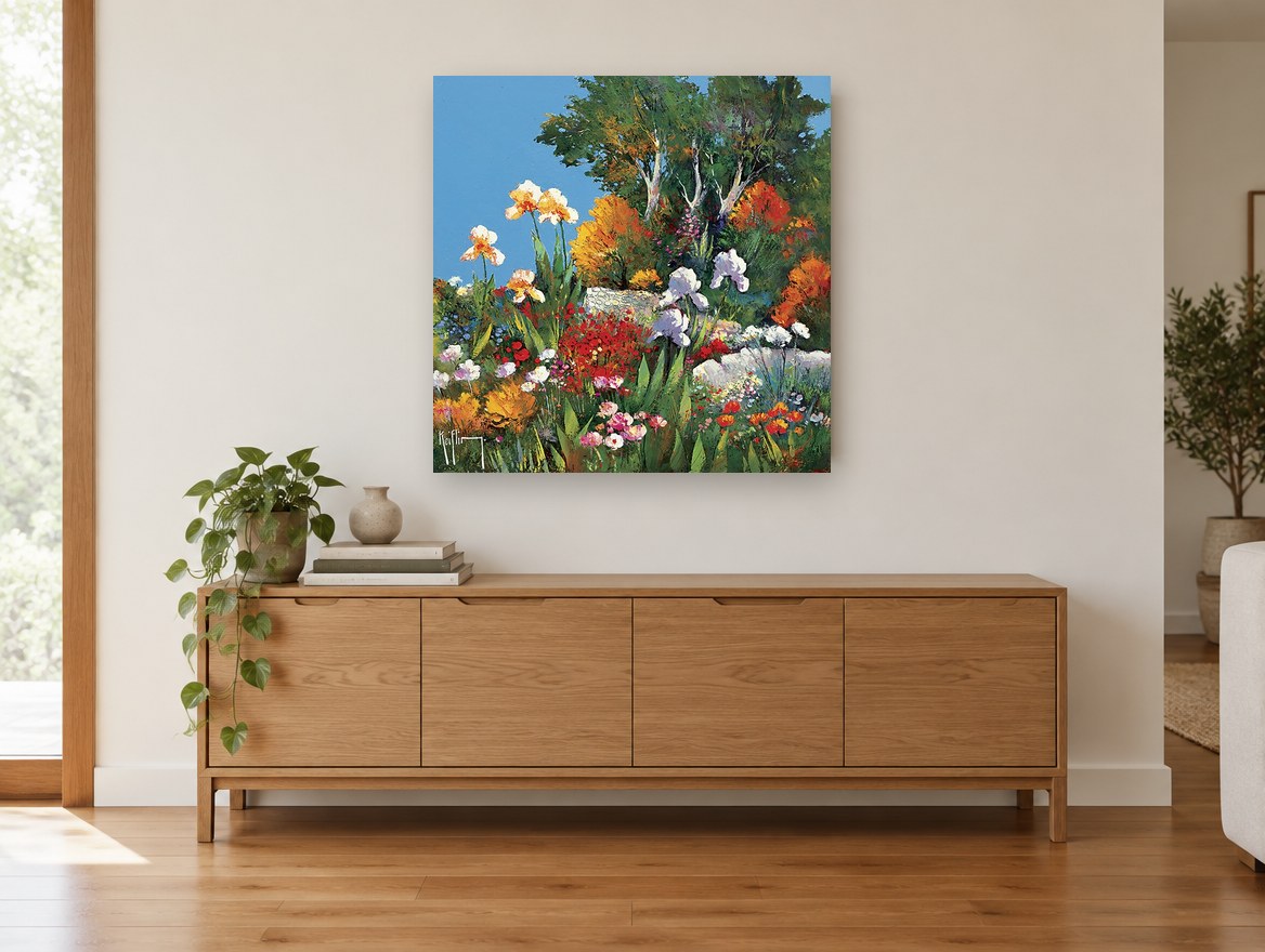 Cottage Iris Garden Terrace landscape canvas print on the wall of a living room above a sideboard