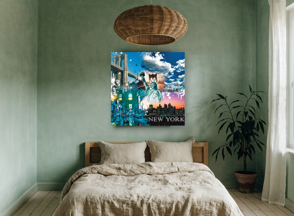 New York Collage city canvas print on the wall of a bedroom