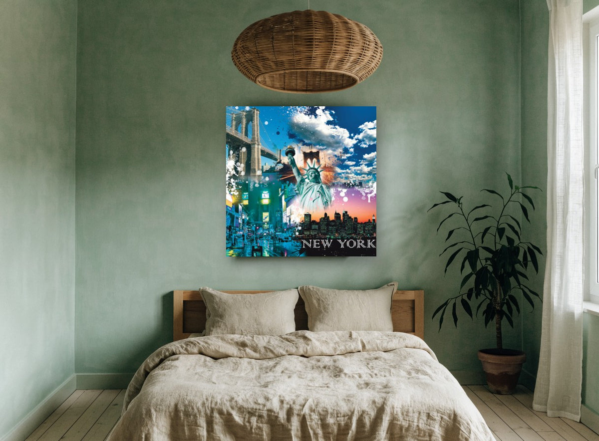 New York Collage city canvas print on the wall of a bedroom