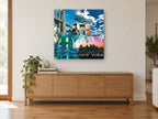 New York Collage city canvas print on the wall of a living room above a sideboard