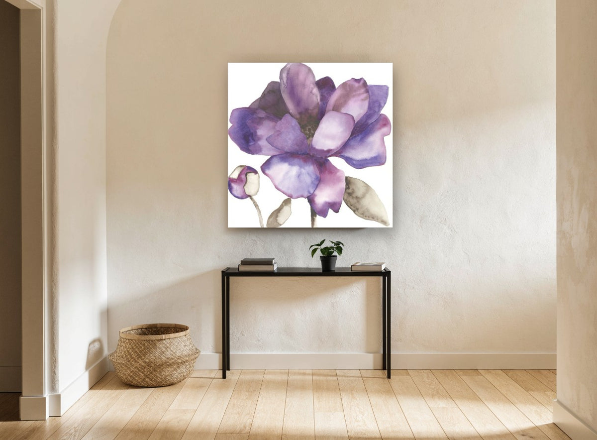 Violet Bloom Study floral canvas print on the wall of a hallway