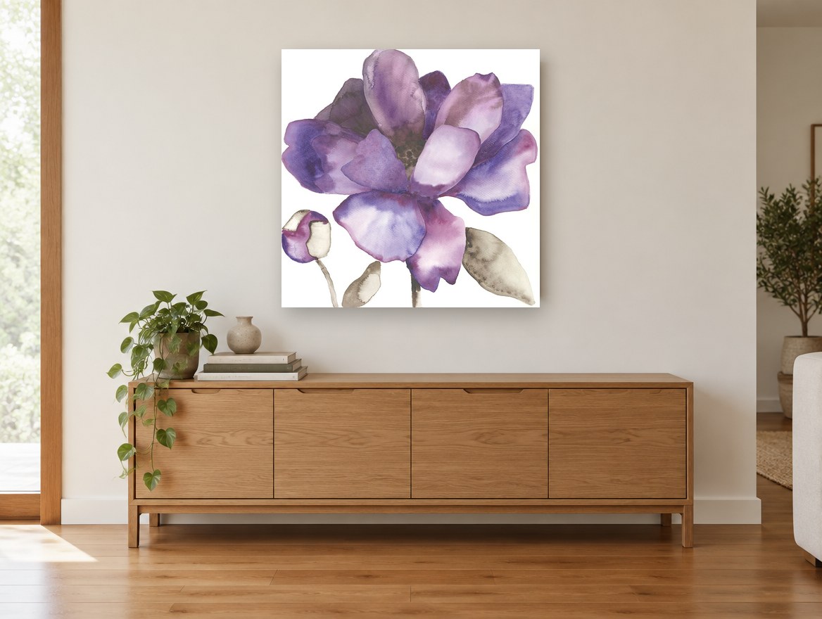 Violet Bloom Study floral canvas print on the wall of a living room above a sideboard