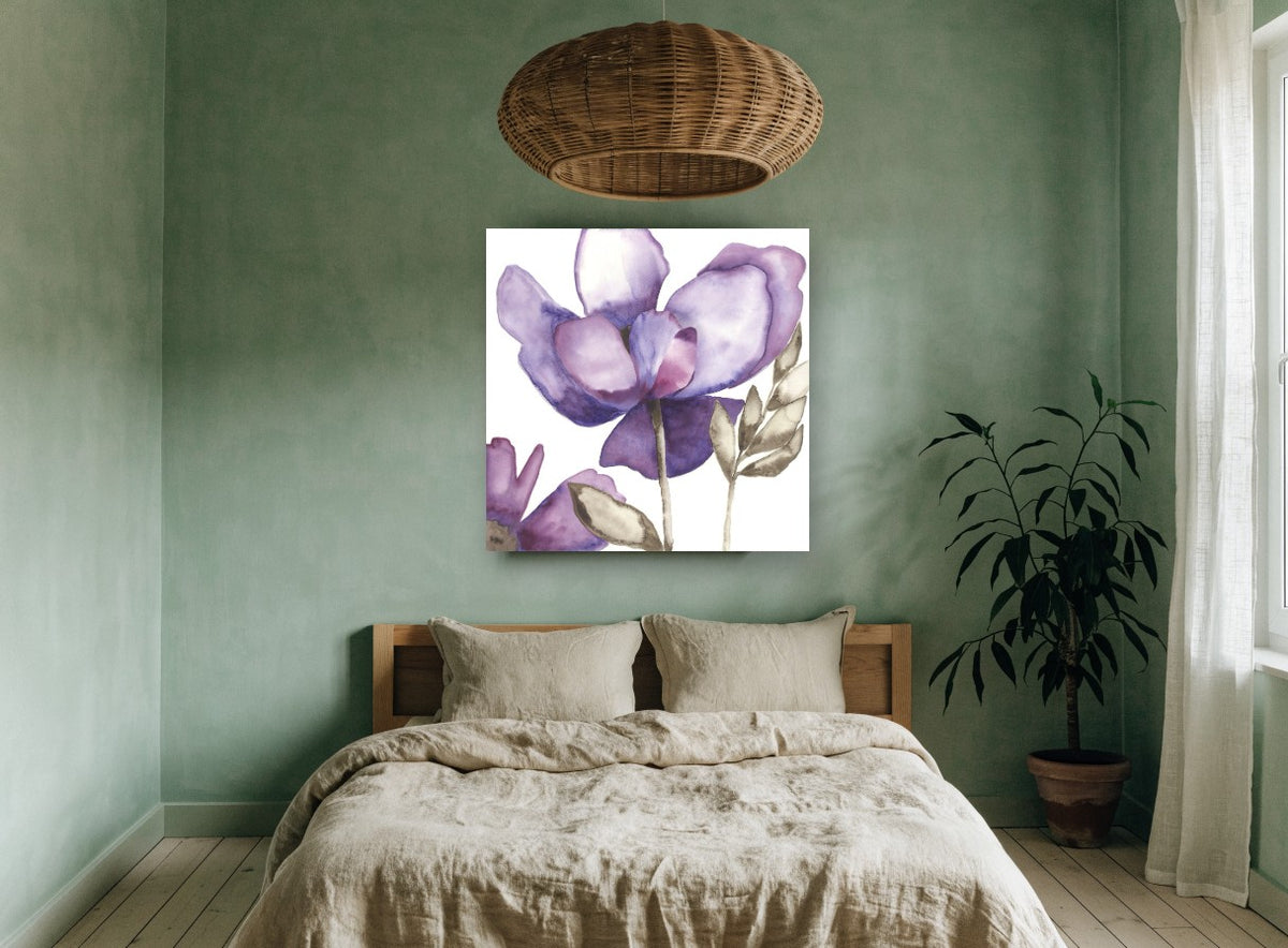 Lavender Petal Drift floral canvas print on the wall of a bedroom