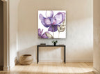 Lavender Petal Drift floral canvas print on the wall of a hallway