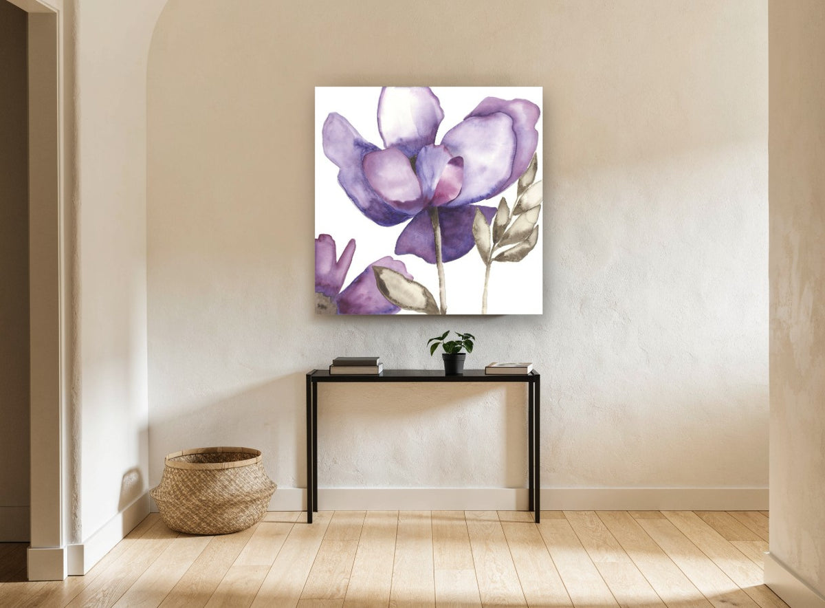 Lavender Petal Drift floral canvas print on the wall of a hallway