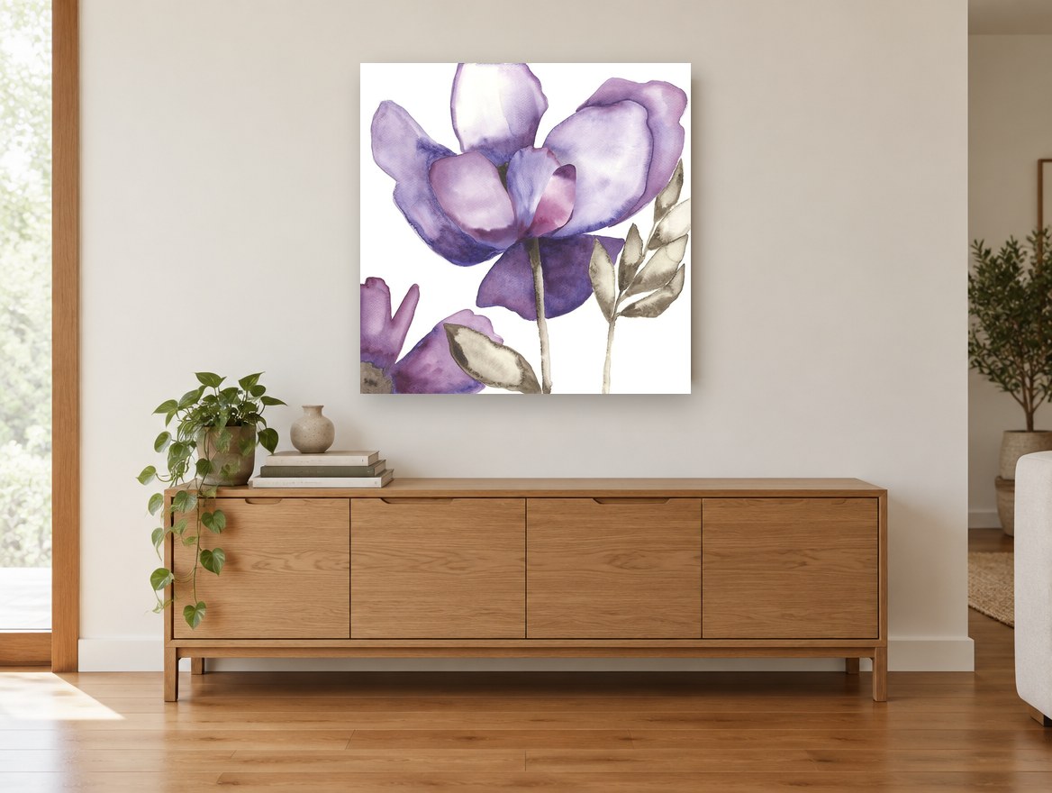 Lavender Petal Drift floral canvas print on the wall of a living room above a sideboard