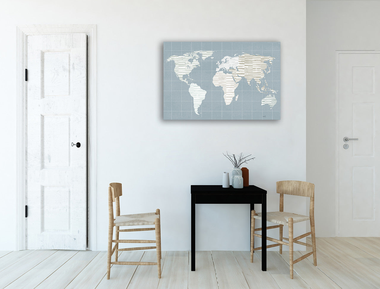 Calm World Map Grid Wall Art Print on the wall