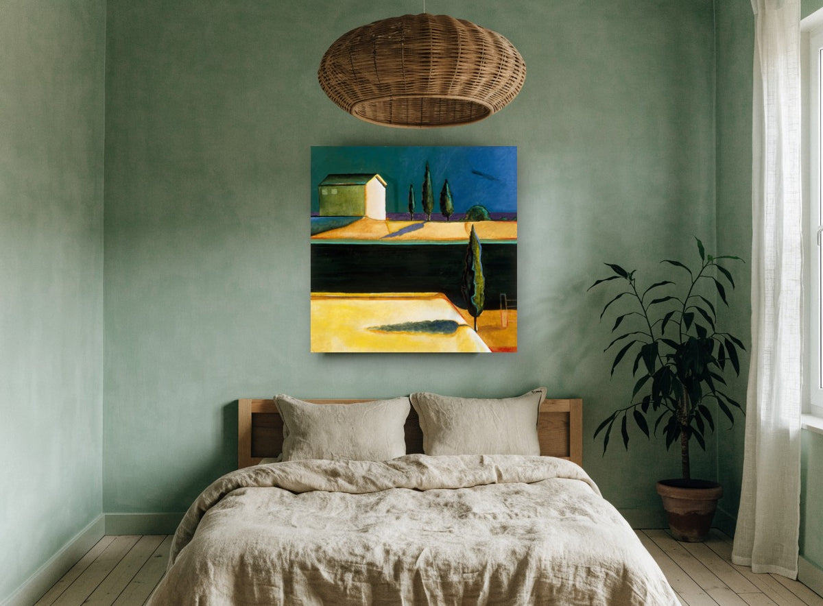 Cypress Farmhouse Dusk landscape canvas print on the wall of a bedroom