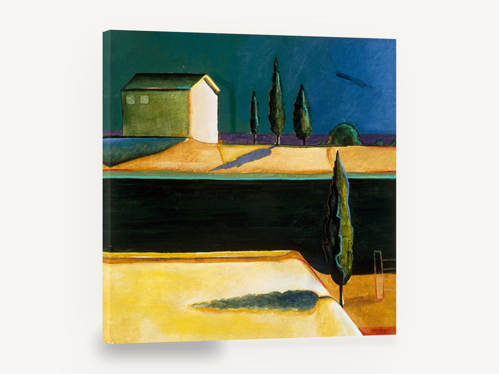 Cypress Farmhouse Dusk, stylised cypress farmhouse landscape painting, landscape canvas wall art print ready to hang