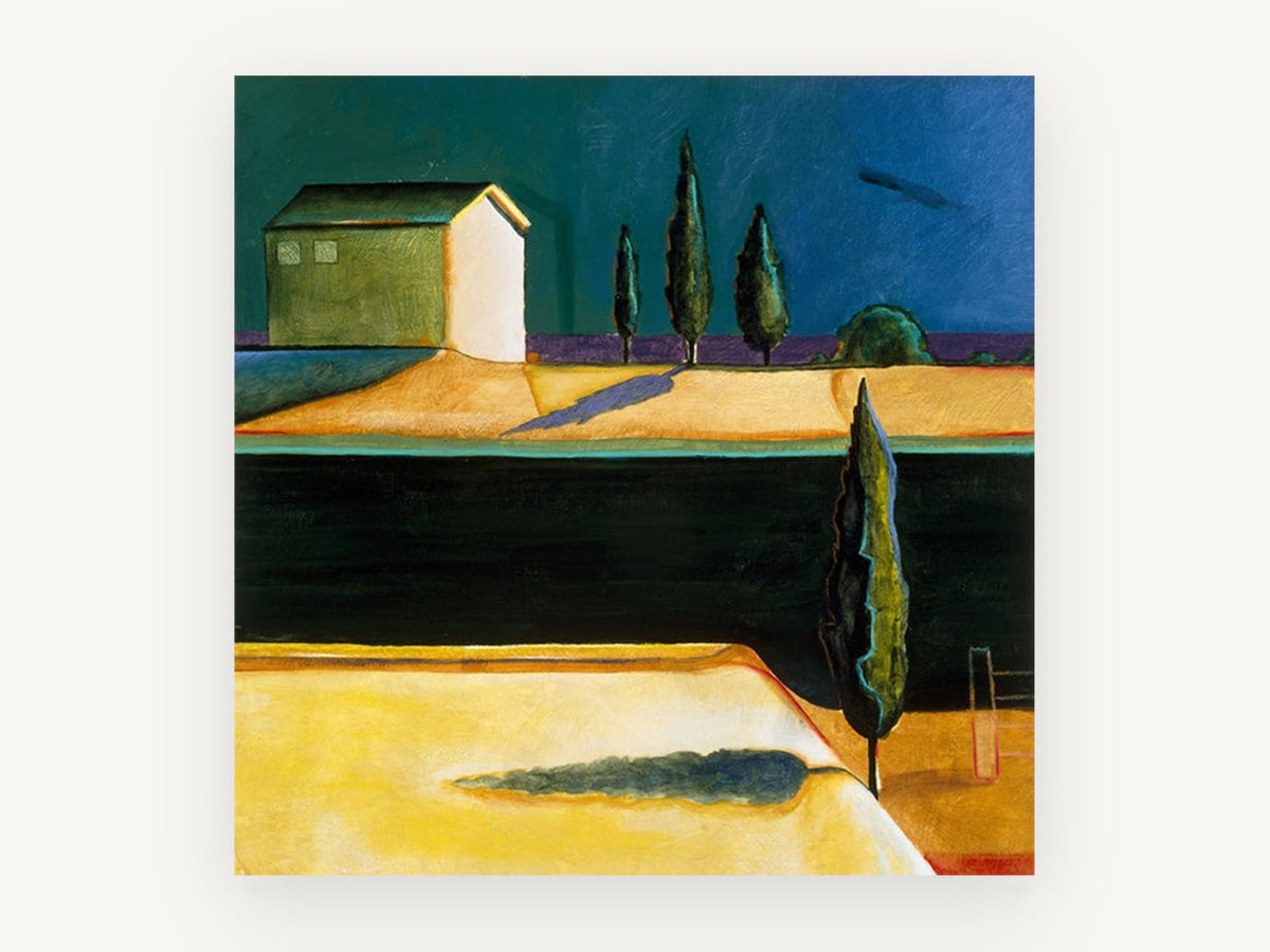 Cypress Farmhouse Dusk, stylised cypress farmhouse landscape painting, landscape canvas wall art print, front view