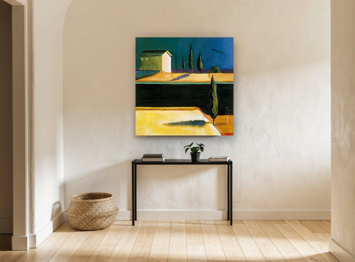 Cypress Farmhouse Dusk landscape canvas print on the wall of a hallway