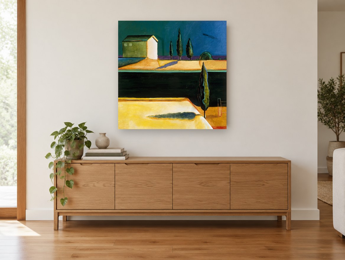 Cypress Farmhouse Dusk landscape canvas print on the wall of a living room above a sideboard