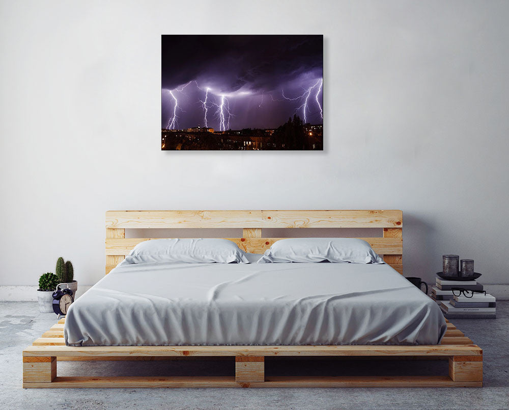 City Lightning Storm Wall Art Print on the wall