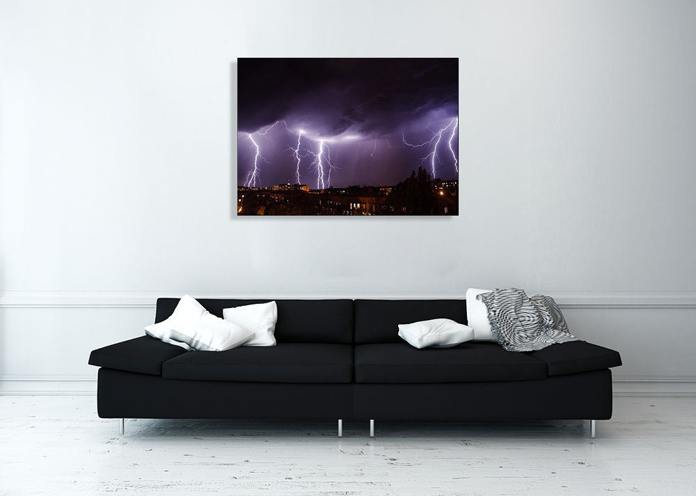 City Lightning Storm Wall Art Print on the wall