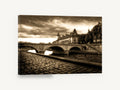 Sepia Seine Crossing, sepia stone bridge river photograph, landscape canvas wall art print ready to hang