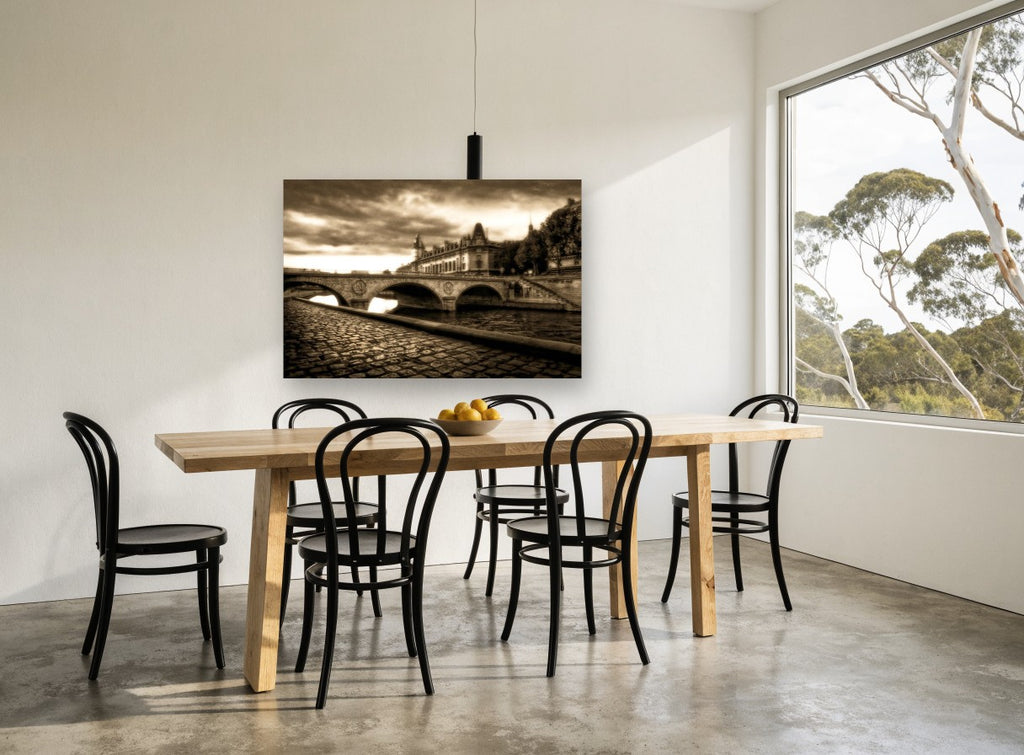 Sepia Seine Crossing landscape canvas print on the wall of a dining room