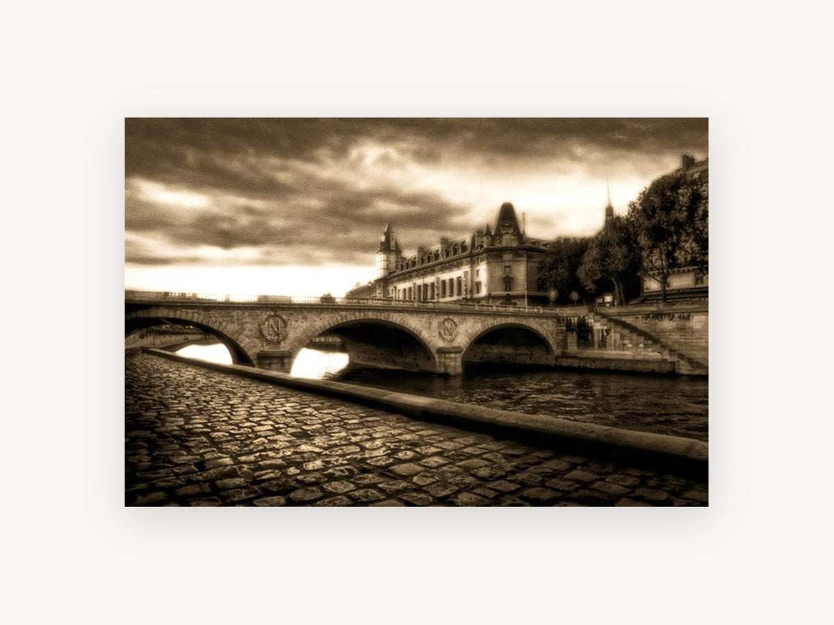 Sepia Seine Crossing, sepia stone bridge river photograph, landscape canvas wall art print, front view