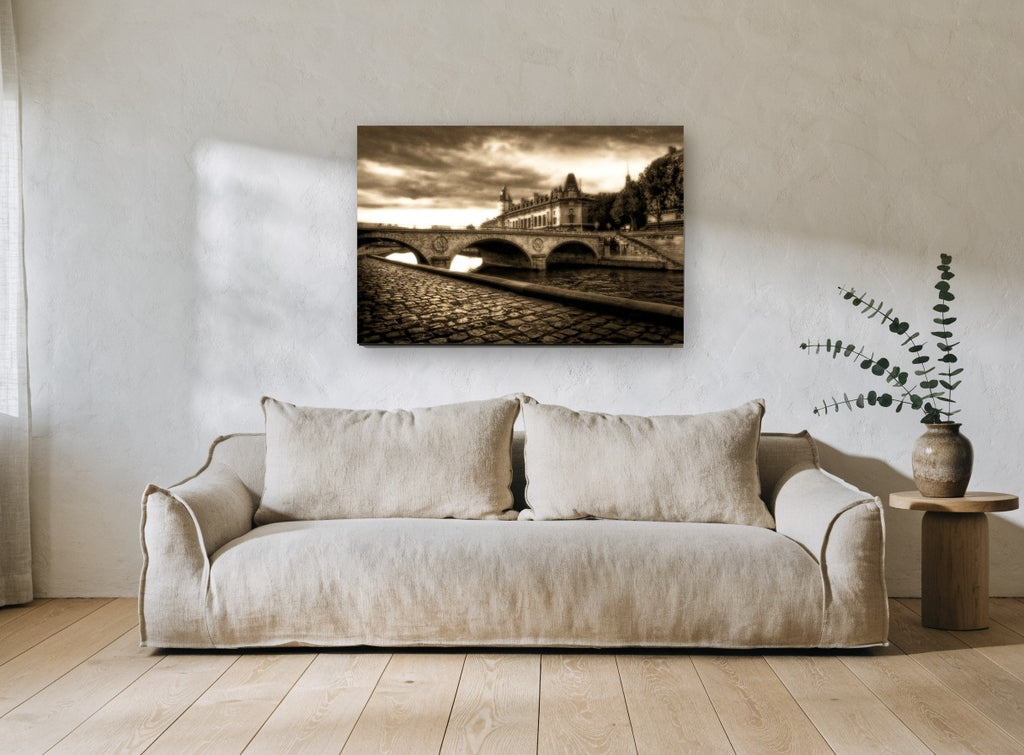 Sepia Seine Crossing landscape canvas print on the wall of a living room