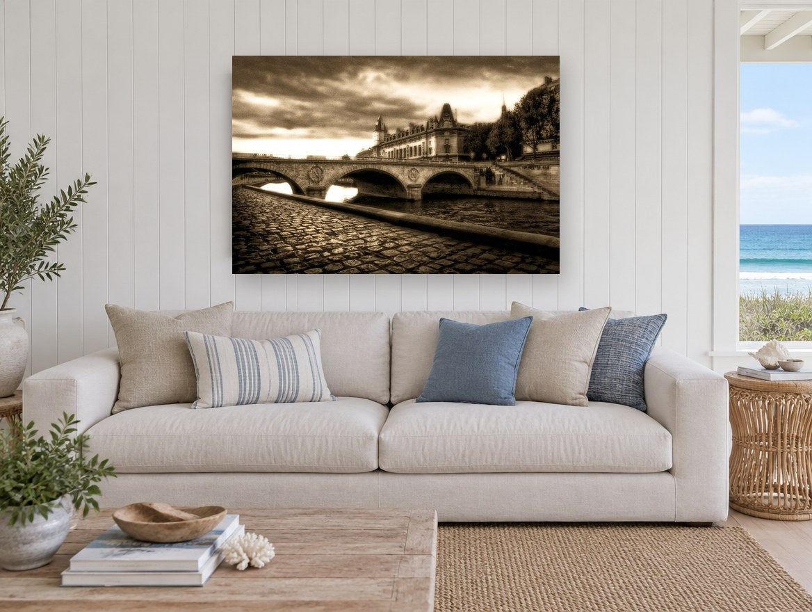 Sepia Seine Crossing landscape canvas print on the wall of a beach house living room