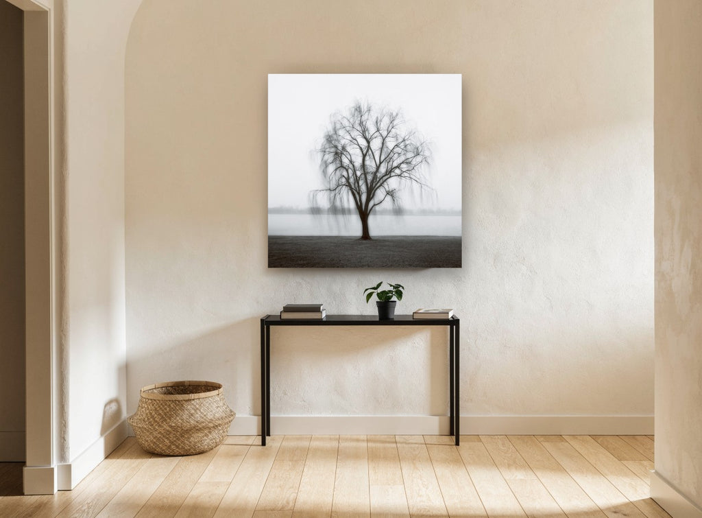 Willow in the Mist landscape canvas print on the wall of a hallway