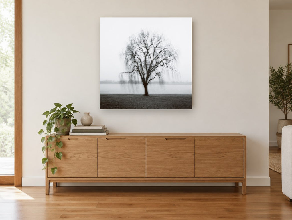 Willow in the Mist landscape canvas print on the wall of a living room above a sideboard