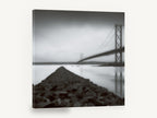 Causeway to the Bridge, black and white suspension bridge photograph, landscape canvas wall art print ready to hang
