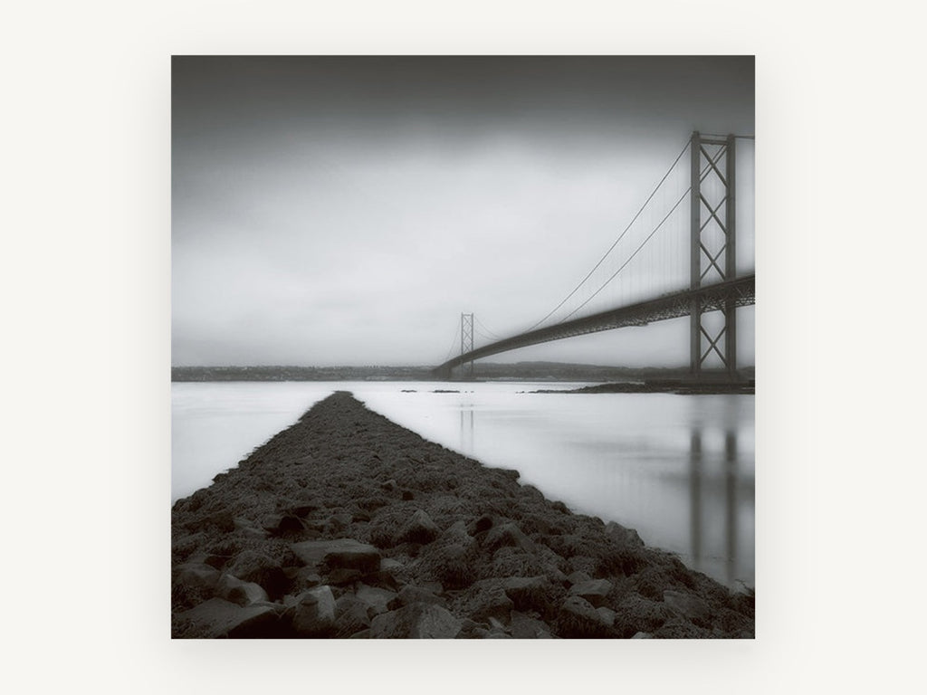 Causeway to the Bridge, black and white suspension bridge photograph, landscape canvas wall art print, front view