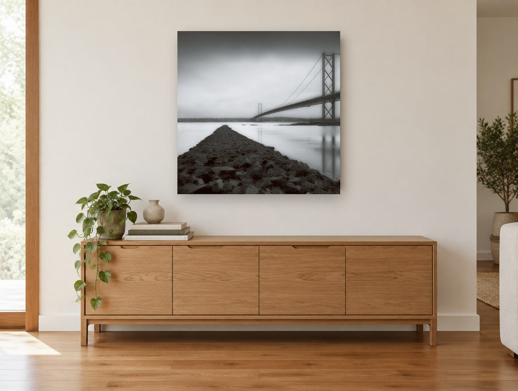 Causeway to the Bridge landscape canvas print on the wall of a living room above a sideboard
