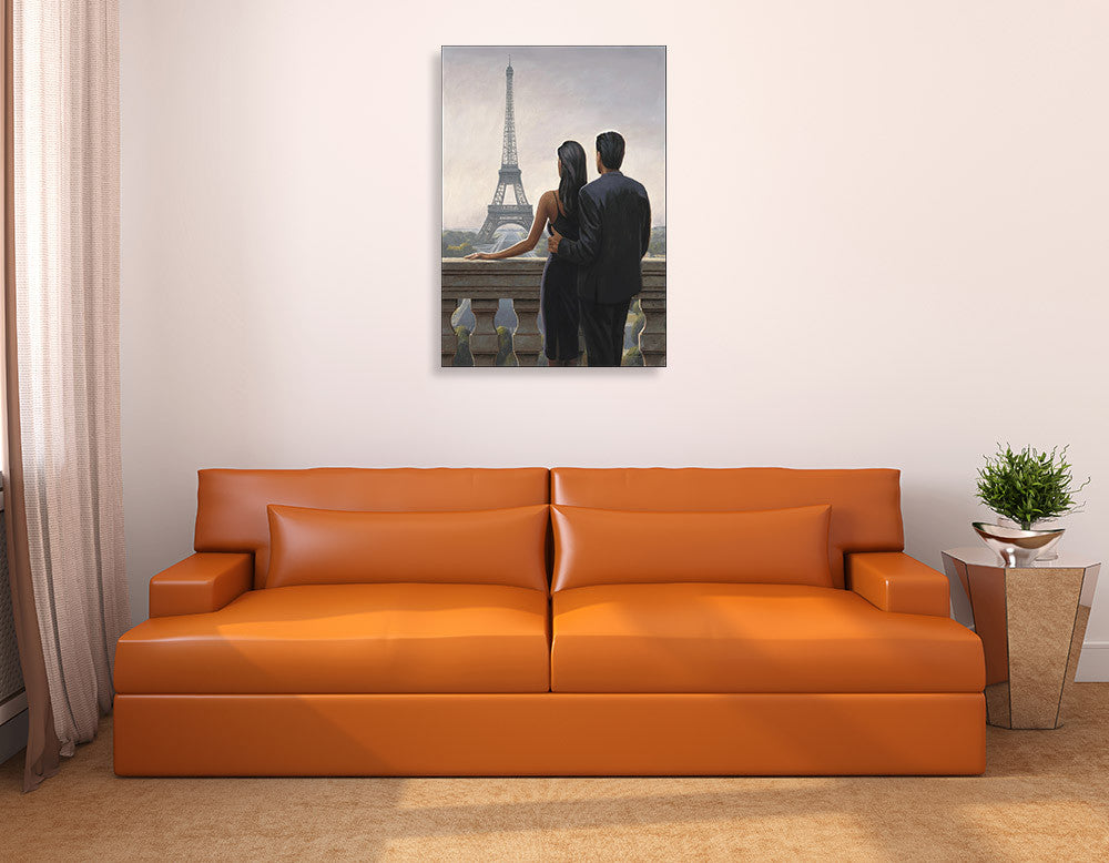Couple Looking at Eiffel Tower Wall Print on the wall