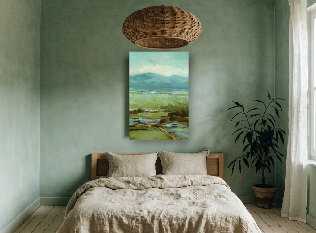 Green Valley Haze landscape canvas print on the wall of a bedroom