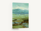 Green Valley Haze, teal mountain valley landscape painting, landscape canvas wall art print ready to hang