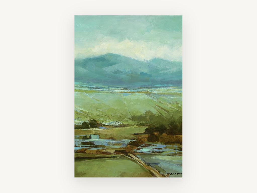 Green Valley Haze, teal mountain valley landscape painting, landscape canvas wall art print, front view
