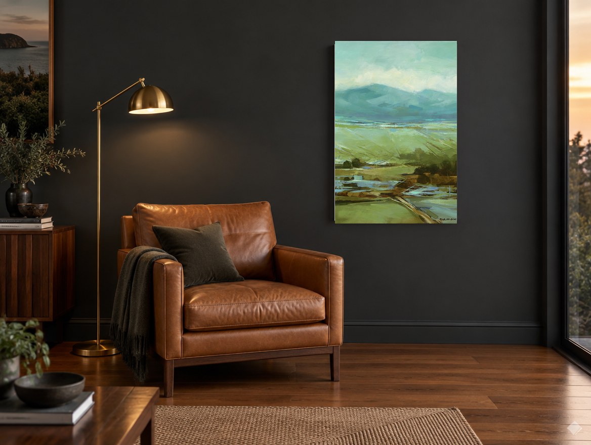 Green Valley Haze landscape canvas print on the wall of a charcoal living room