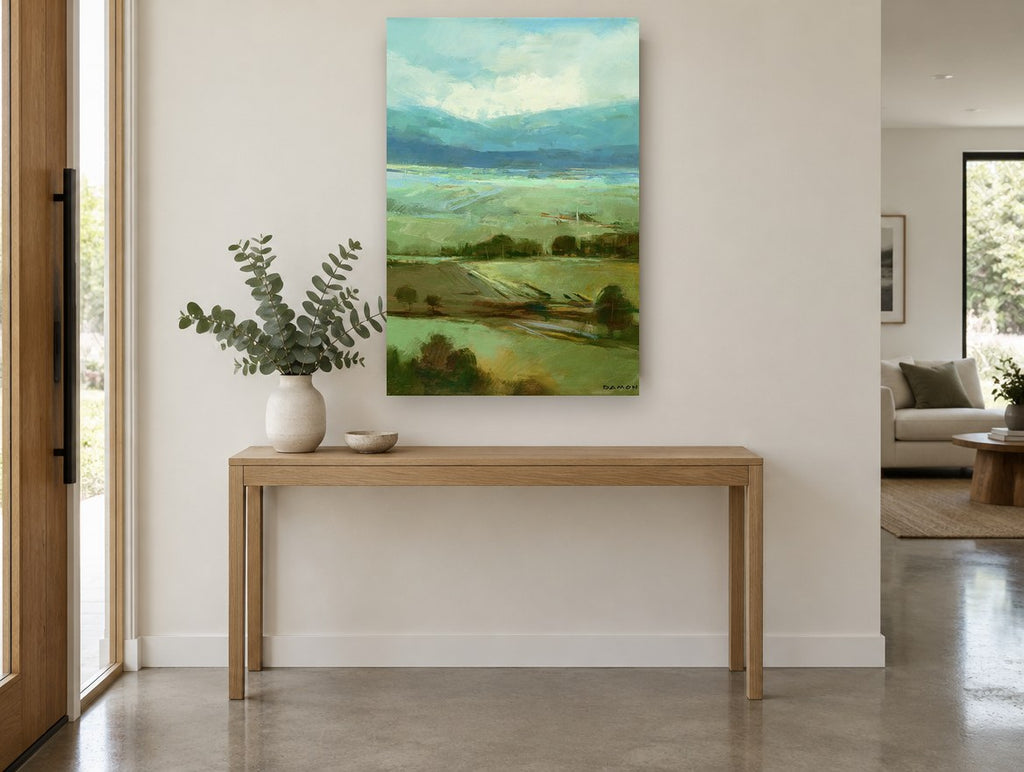 Sage Meadow Ridge landscape canvas print on the wall of a entry hall