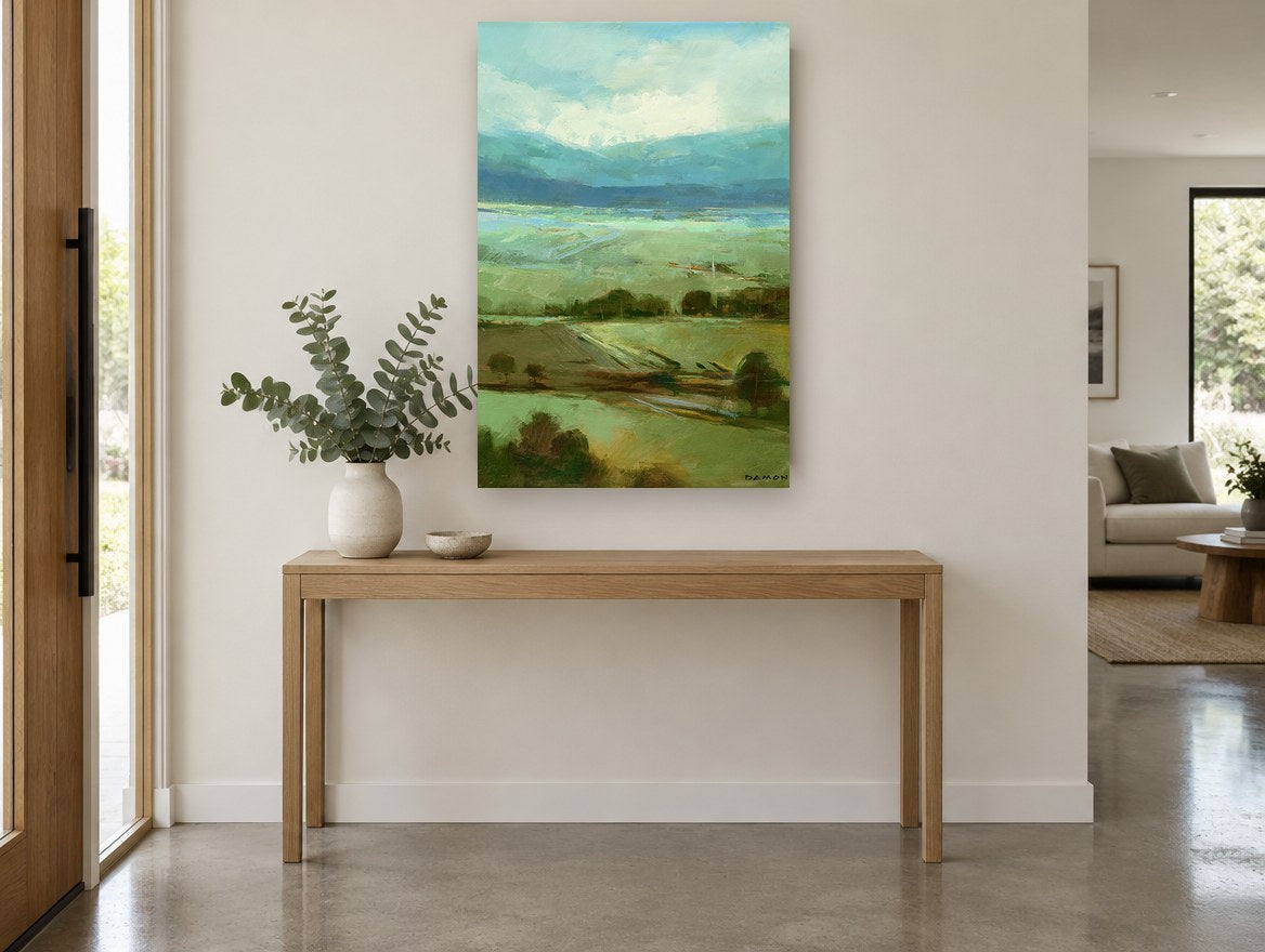 Sage Meadow Ridge landscape canvas print on the wall of a entry hall