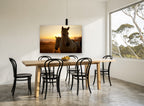 Horses at Golden Sunrise landscape canvas print on the wall of a dining room