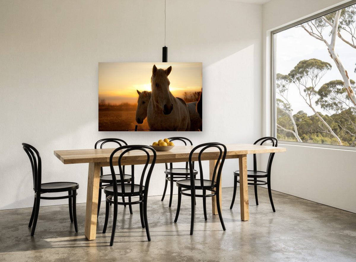 Horses at Golden Sunrise landscape canvas print on the wall of a dining room