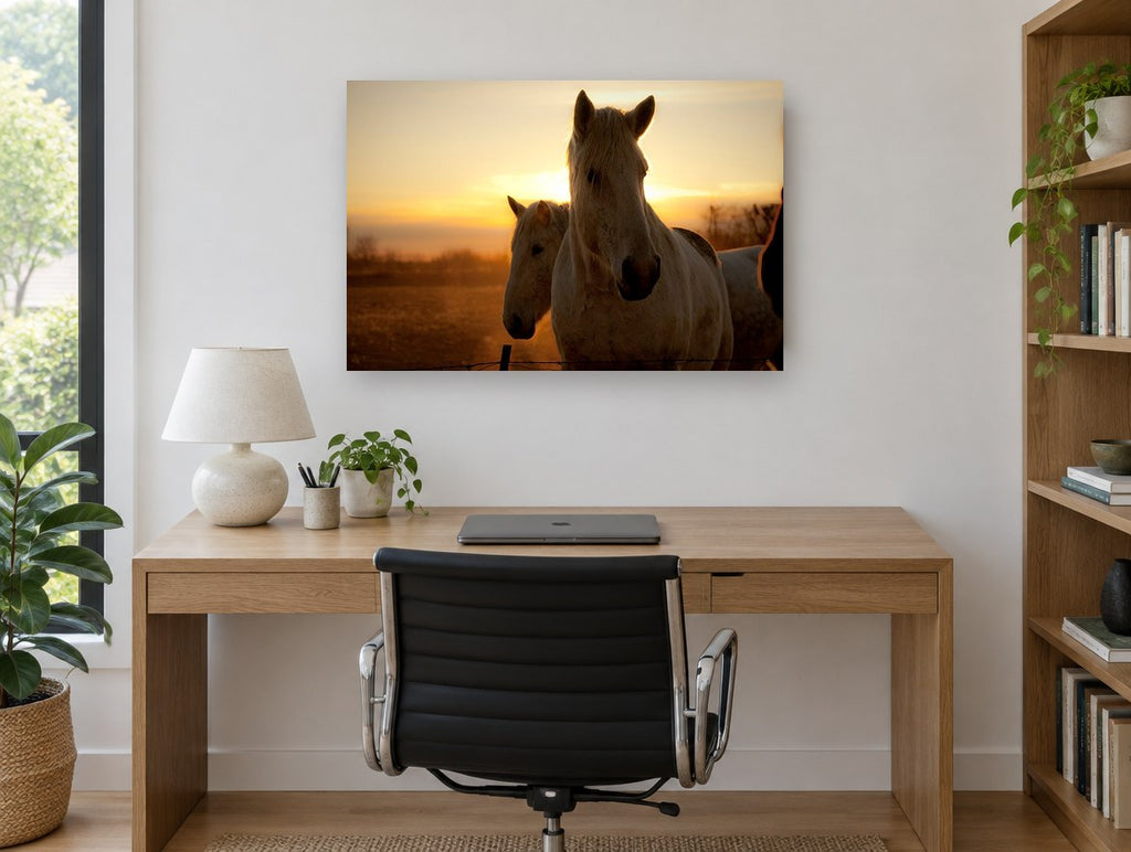 Horses at Golden Sunrise landscape canvas print on the wall of a study