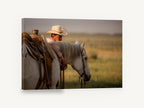 Quiet Rest at Dusk, cowboy and grey horse photograph, animal canvas wall art print ready to hang