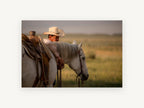 Quiet Rest at Dusk, cowboy and grey horse photograph, animal canvas wall art print, front view
