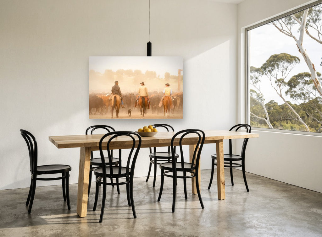 Dusty Cattle Drive animal canvas print on the wall of a dining room