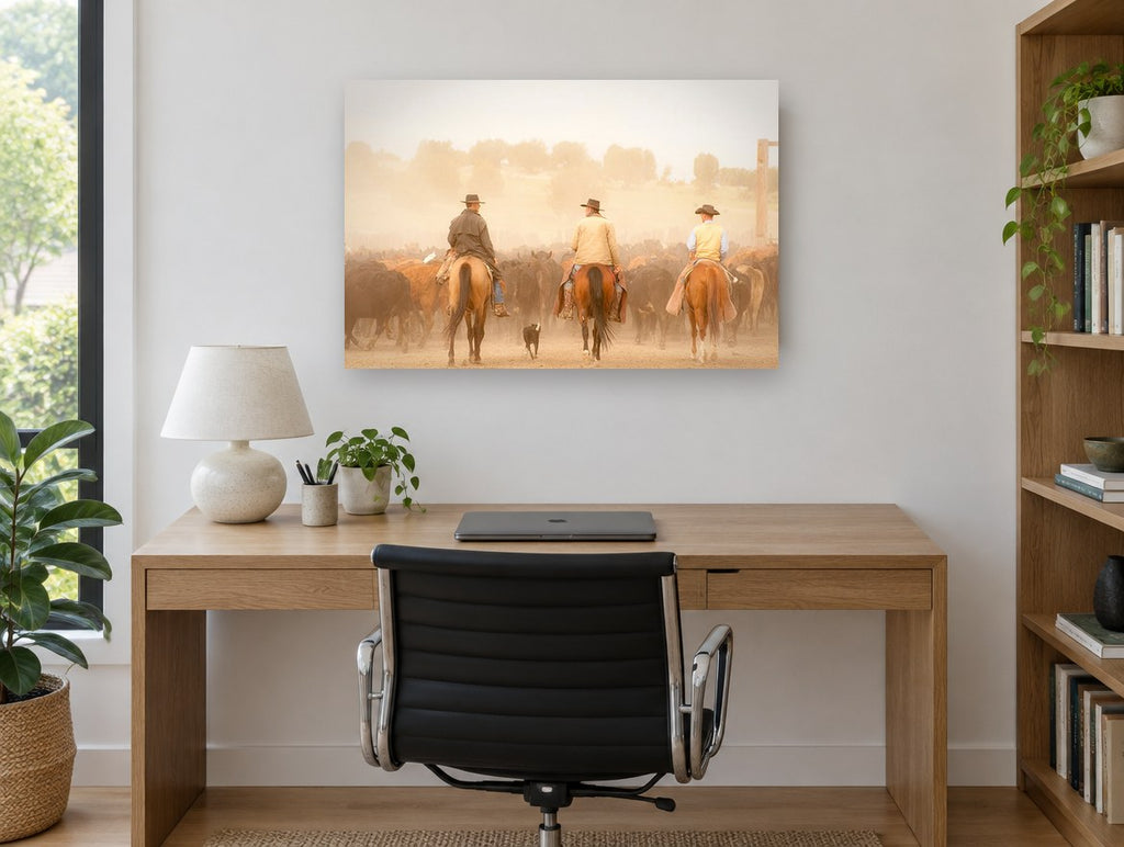Dusty Cattle Drive animal canvas print on the wall of a study
