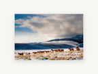 Winter Horse Muster, horses running snowy valley photograph, landscape canvas wall art print, front view