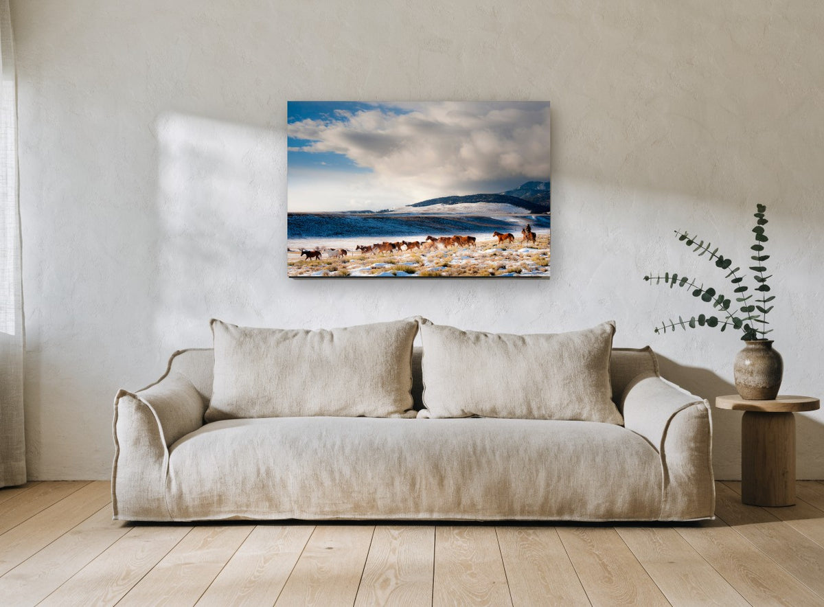 Winter Horse Muster landscape canvas print on the wall of a living room