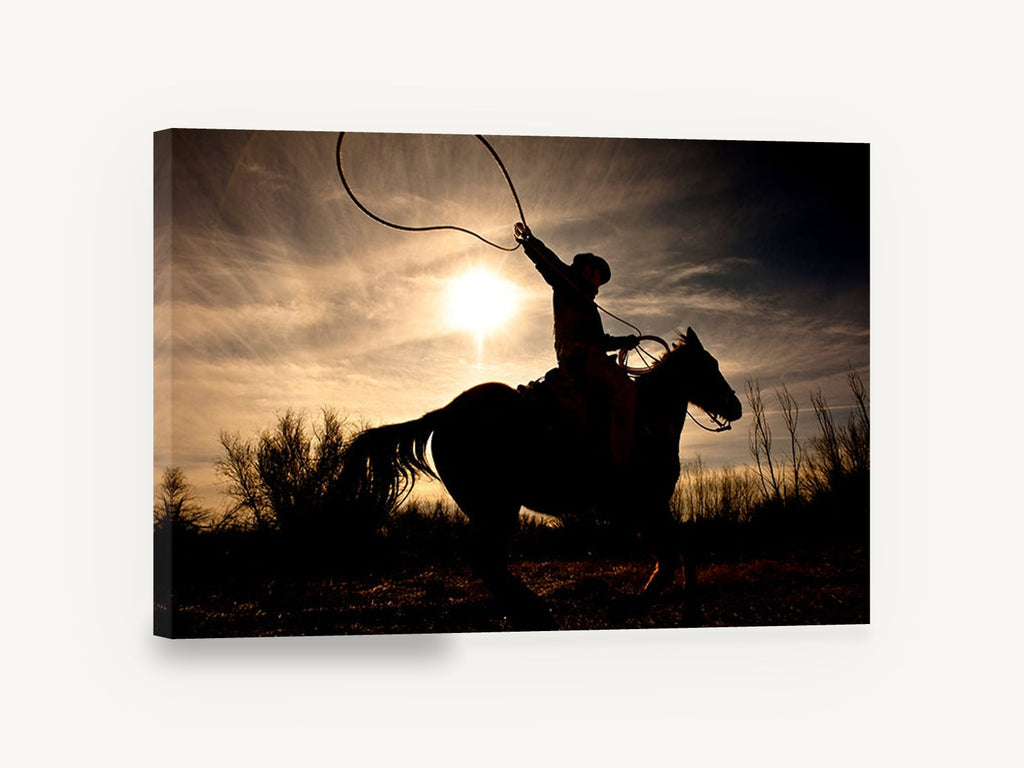 Lasso at Sundown, cowboy lasso silhouette sunset photograph, landscape canvas wall art print ready to hang
