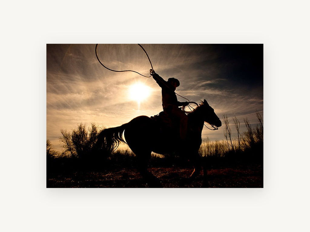 Lasso at Sundown, cowboy lasso silhouette sunset photograph, landscape canvas wall art print, front view