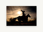 Lasso at Sundown, cowboy lasso silhouette sunset photograph, landscape canvas wall art print, front view
