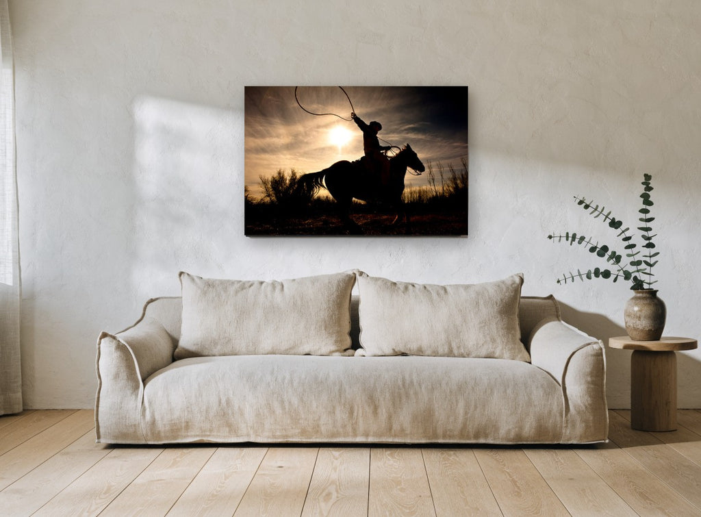 Lasso at Sundown landscape canvas print on the wall of a living room