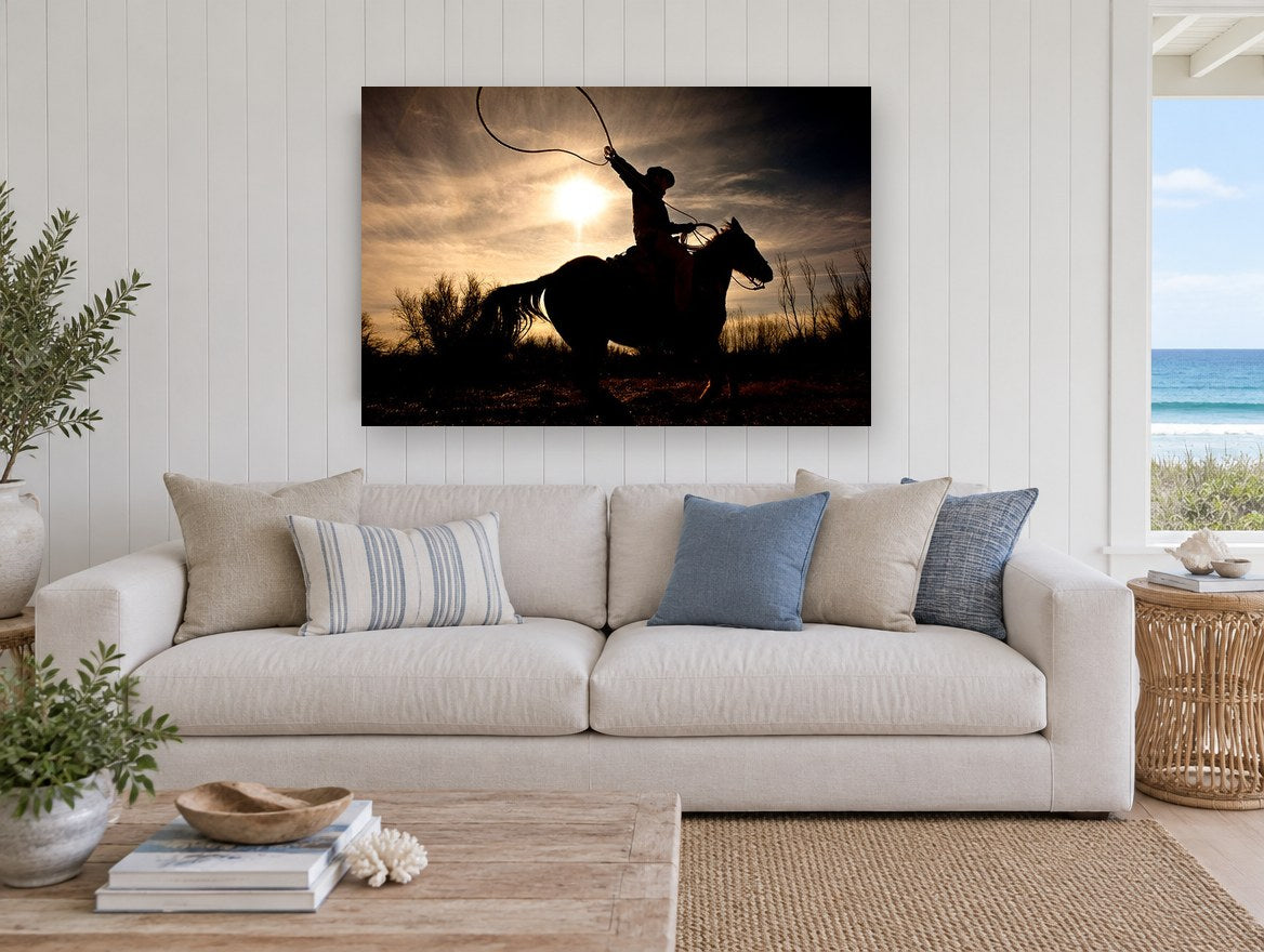 Lasso at Sundown landscape canvas print on the wall of a beach house living room