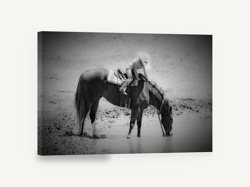 Waterhole Rest, horse drinking cowgirl black and white photograph, animal canvas wall art print ready to hang